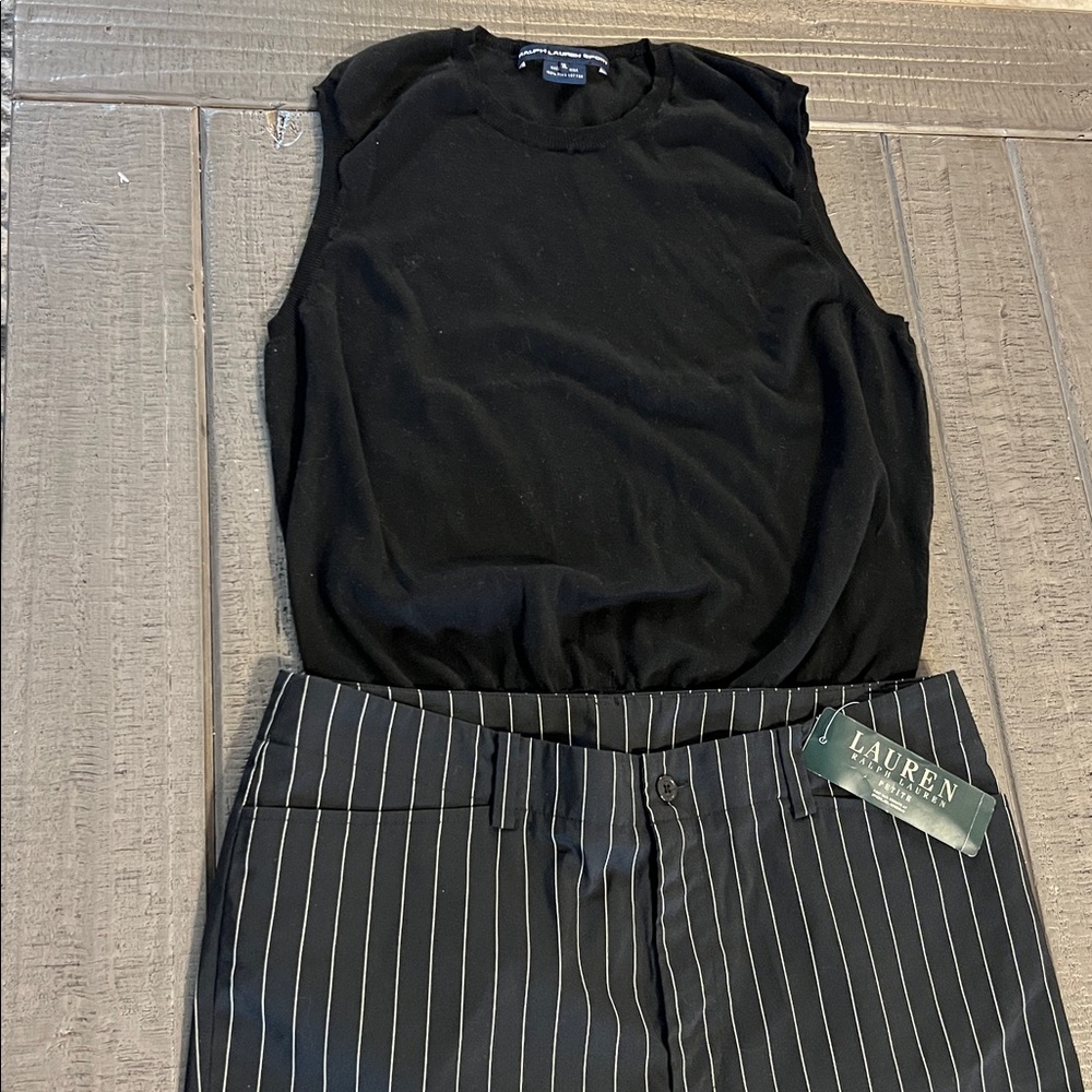 NWT. Lauren Ralph Lauren Petite Black Pin Striped Pants & RL Sport Black Top